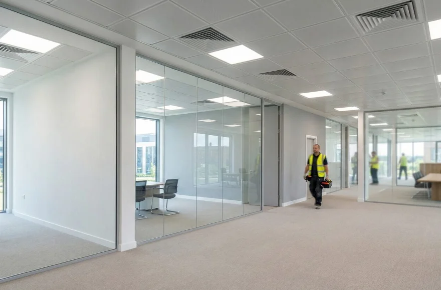 Completed office fit-out with glazed partitions, suspended ceiling, LED panels and new carpet